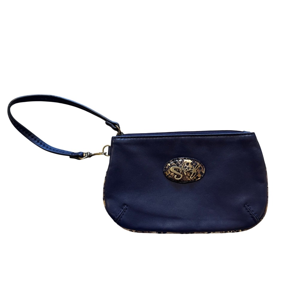 Vintage Sharif Navy Blue Leather Wristlet Snakeskin Logo Accent Pouch Bag